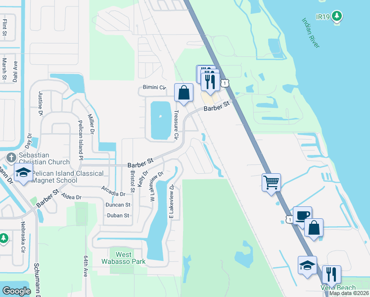 map of restaurants, bars, coffee shops, grocery stores, and more near 3545-3547 North Derry Drive in Sebastian