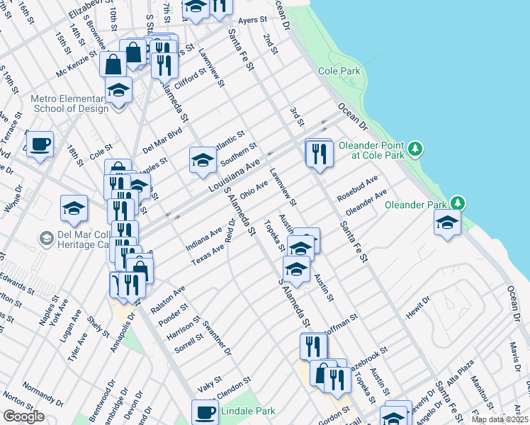 map of restaurants, bars, coffee shops, grocery stores, and more near 444 Texas Avenue in Corpus Christi