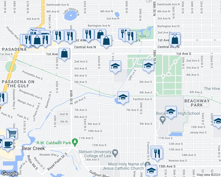 map of restaurants, bars, coffee shops, grocery stores, and more near 555 61st Street South in Saint Petersburg