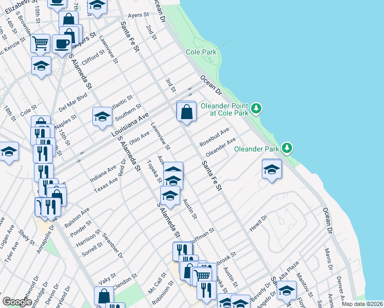 map of restaurants, bars, coffee shops, grocery stores, and more near 310 Oleander Avenue in Corpus Christi