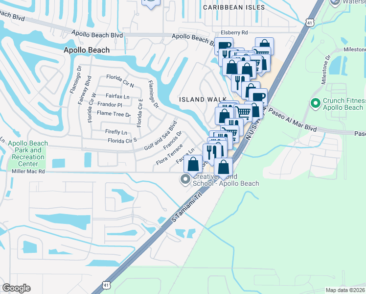 map of restaurants, bars, coffee shops, grocery stores, and more near 6028 Fauna Lane in Apollo Beach