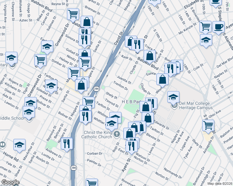 map of restaurants, bars, coffee shops, grocery stores, and more near 1821 Shely Street in Corpus Christi
