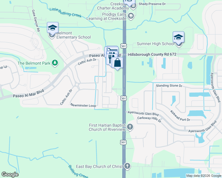 map of restaurants, bars, coffee shops, grocery stores, and more near 14407 U.S. 301 in Wimauma