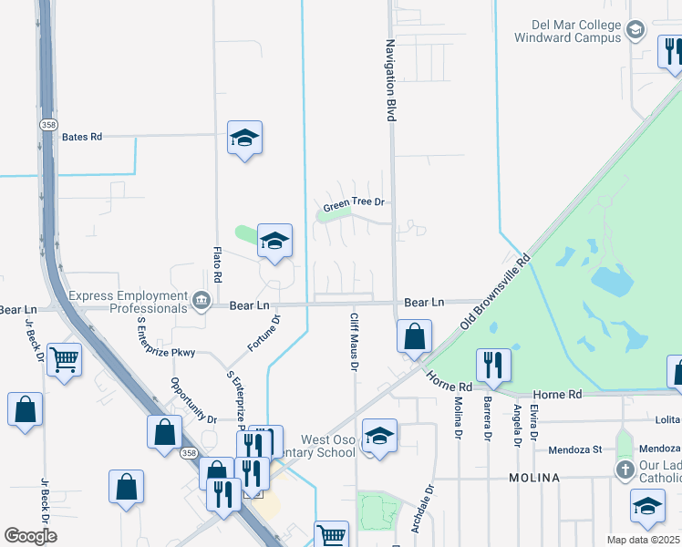 map of restaurants, bars, coffee shops, grocery stores, and more near 117 Green Trail Drive in Corpus Christi