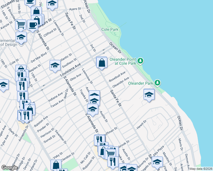 map of restaurants, bars, coffee shops, grocery stores, and more near 2841 Santa Fe Street in Corpus Christi