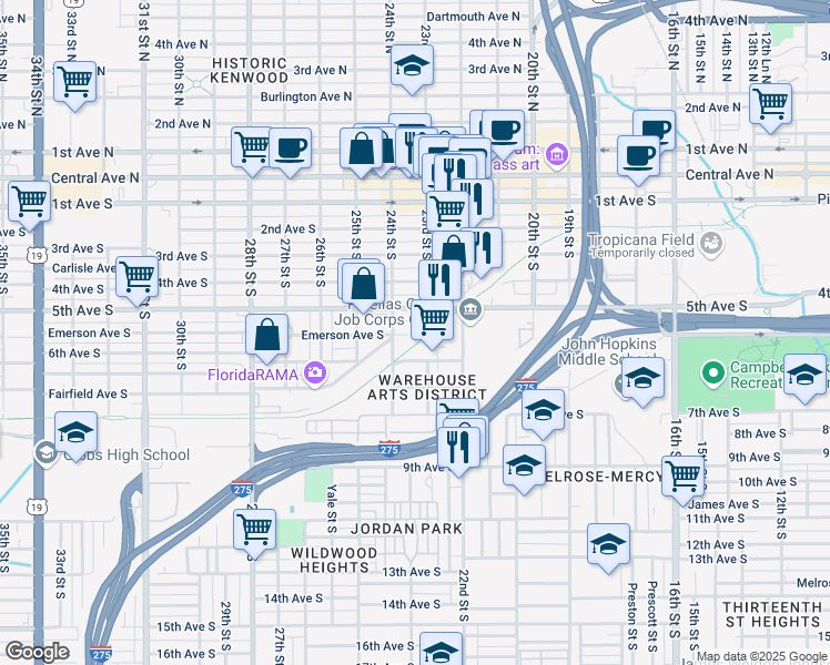 map of restaurants, bars, coffee shops, grocery stores, and more near 500-599 23rd Street South in St. Petersburg
