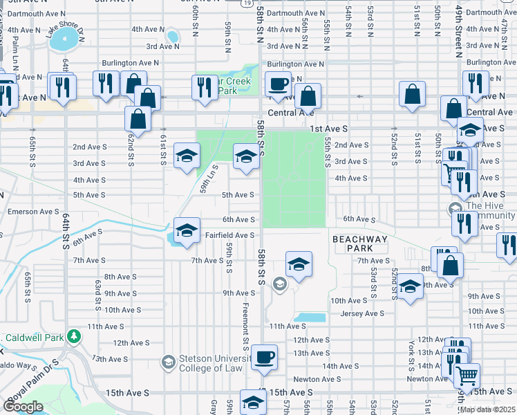 map of restaurants, bars, coffee shops, grocery stores, and more near 5830 6th Avenue South in St. Petersburg
