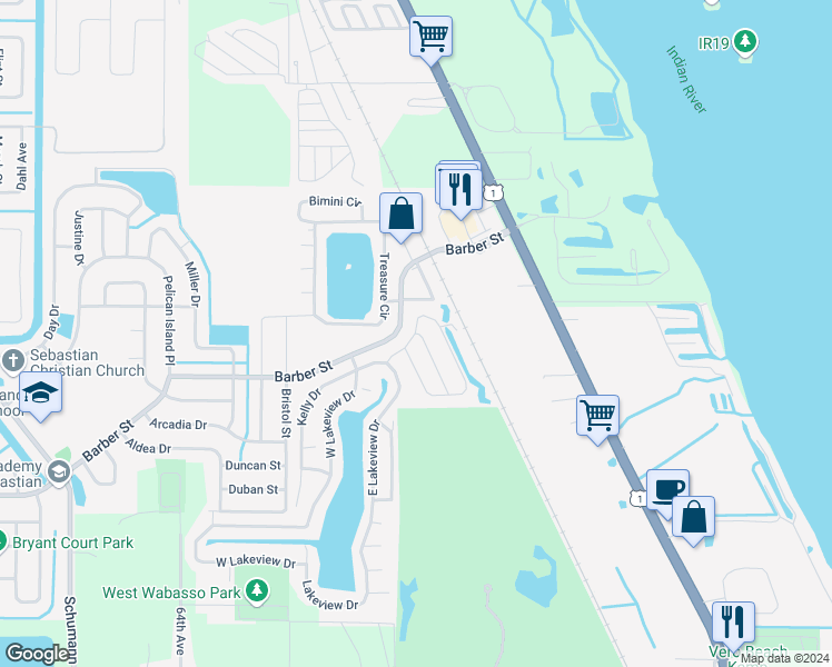 map of restaurants, bars, coffee shops, grocery stores, and more near 3400 Heather Way Lane in Sebastian