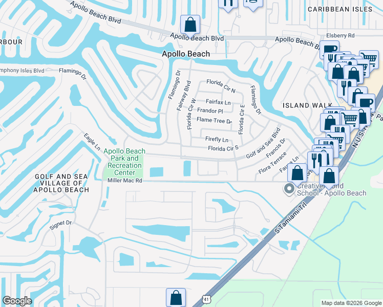 map of restaurants, bars, coffee shops, grocery stores, and more near 559 Golf and Sea Boulevard in Apollo Beach