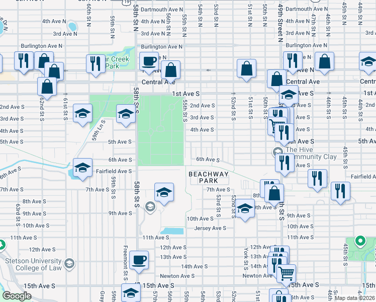 map of restaurants, bars, coffee shops, grocery stores, and more near 601 Braddock Street South in St. Petersburg