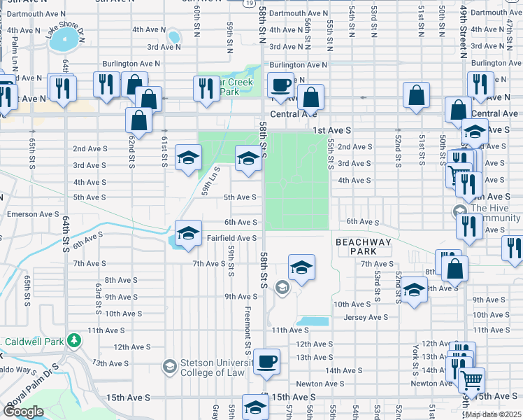 map of restaurants, bars, coffee shops, grocery stores, and more near 5830 6th Avenue South in St. Petersburg