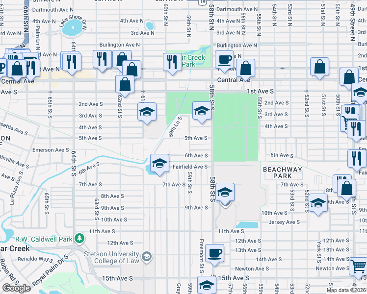 map of restaurants, bars, coffee shops, grocery stores, and more near 5908 6th Avenue South in St. Petersburg