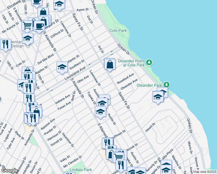map of restaurants, bars, coffee shops, grocery stores, and more near 342 Oleander Avenue in Corpus Christi