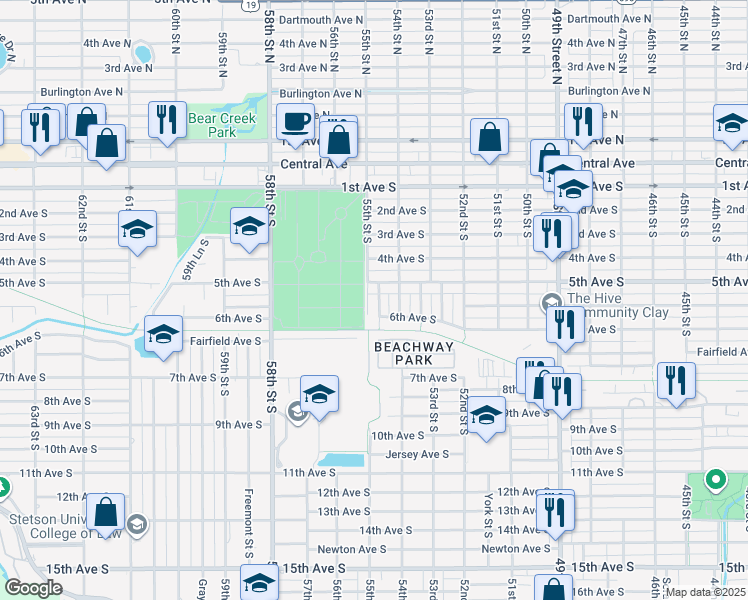 map of restaurants, bars, coffee shops, grocery stores, and more near 601 Braddock Street South in St. Petersburg