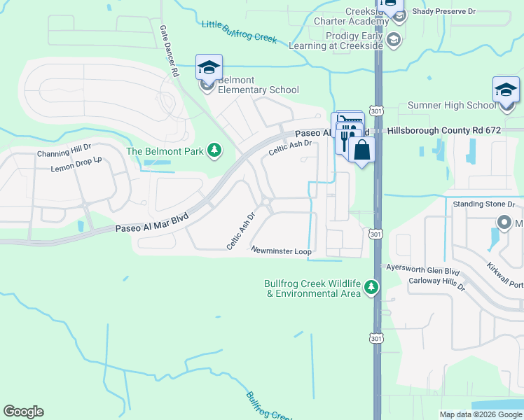 map of restaurants, bars, coffee shops, grocery stores, and more near 10071 Celtic Ash Drive in Ruskin