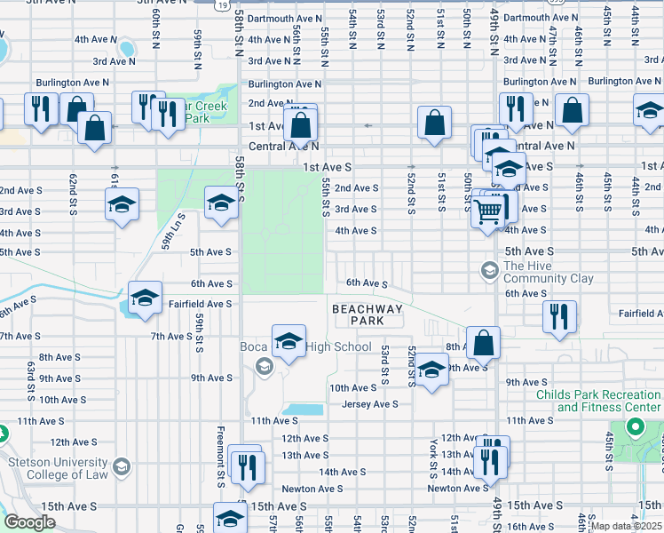 map of restaurants, bars, coffee shops, grocery stores, and more near 525 Braddock Street South in St. Petersburg