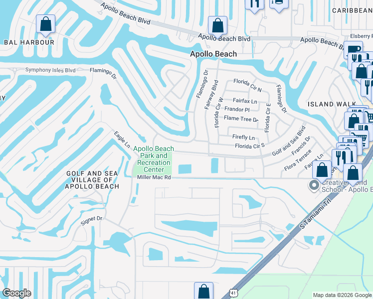 map of restaurants, bars, coffee shops, grocery stores, and more near 625 Golf and Sea Boulevard in Apollo Beach
