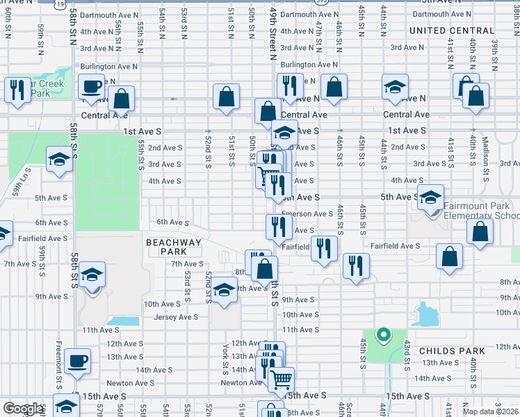 map of restaurants, bars, coffee shops, grocery stores, and more near 4955 5th Avenue South in St. Petersburg