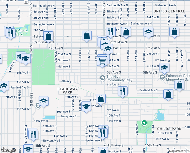 map of restaurants, bars, coffee shops, grocery stores, and more near 4955 5th Avenue South in St. Petersburg