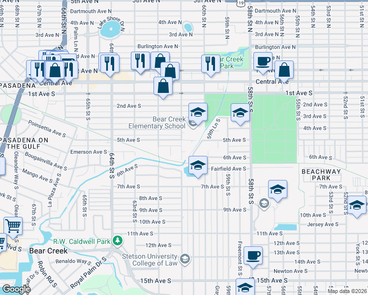 map of restaurants, bars, coffee shops, grocery stores, and more near 350 61st Street South in St. Petersburg