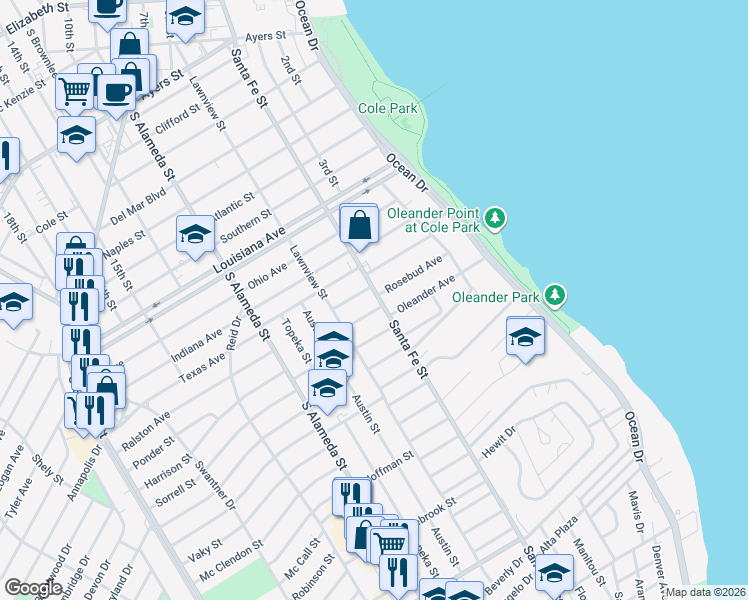 map of restaurants, bars, coffee shops, grocery stores, and more near 253 Leming Avenue in Corpus Christi