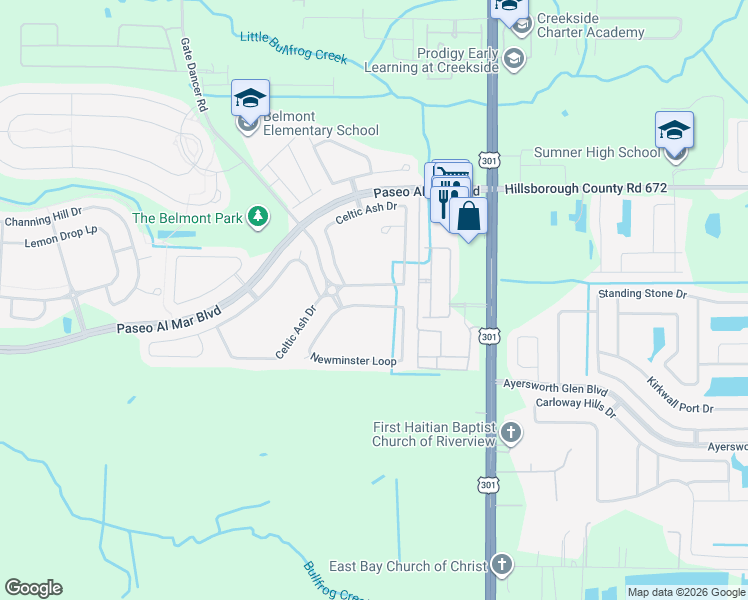 map of restaurants, bars, coffee shops, grocery stores, and more near 10263 Newminster Loop in Ruskin