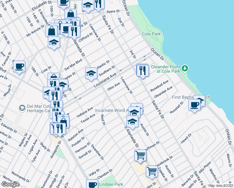 map of restaurants, bars, coffee shops, grocery stores, and more near 441 Indiana Avenue in Corpus Christi