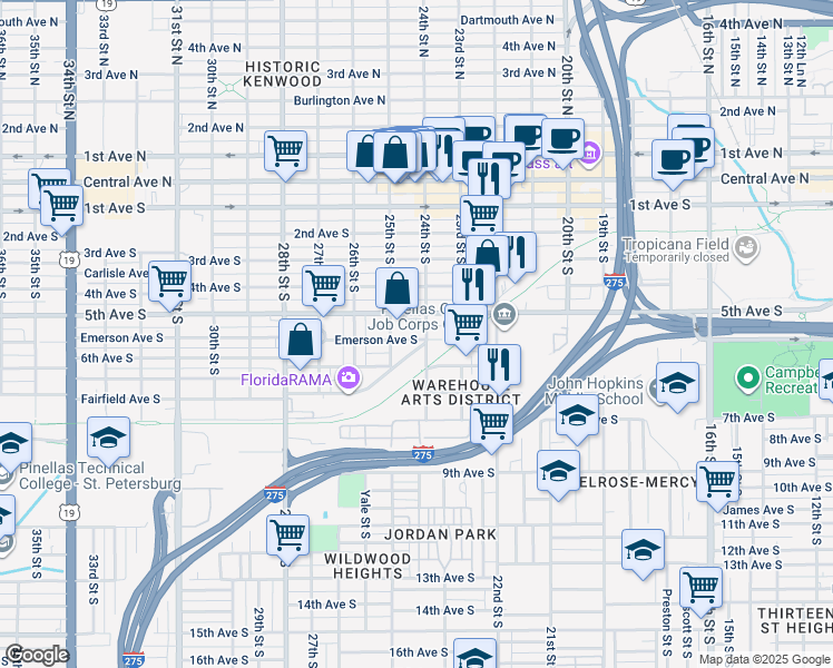 map of restaurants, bars, coffee shops, grocery stores, and more near 2445 5th Avenue South in St. Petersburg