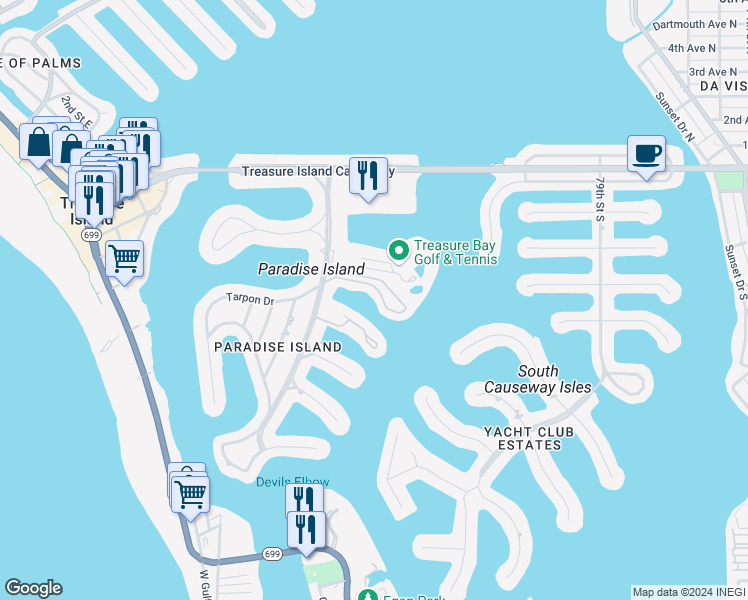 map of restaurants, bars, coffee shops, grocery stores, and more near 435 Haven Point Drive in Treasure Island