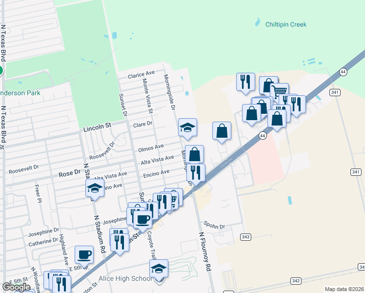 map of restaurants, bars, coffee shops, grocery stores, and more near 1400 Morningside Drive in Alice
