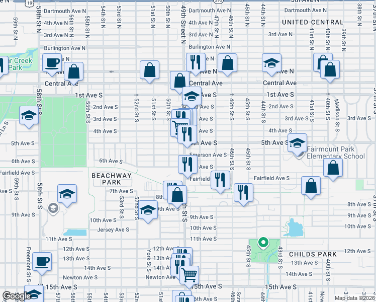 map of restaurants, bars, coffee shops, grocery stores, and more near 440 49th Street South in St. Petersburg