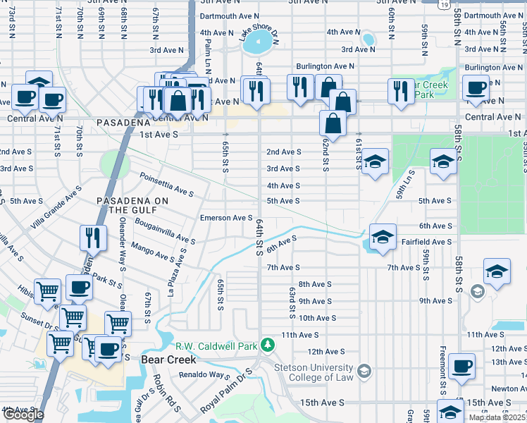 map of restaurants, bars, coffee shops, grocery stores, and more near 6359 5th Avenue South in St. Petersburg
