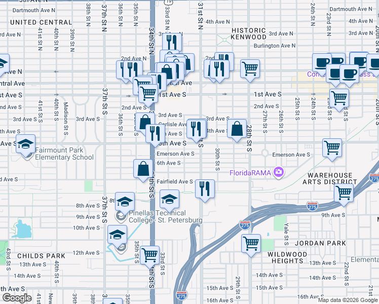map of restaurants, bars, coffee shops, grocery stores, and more near 3211 5th Avenue South in St. Petersburg