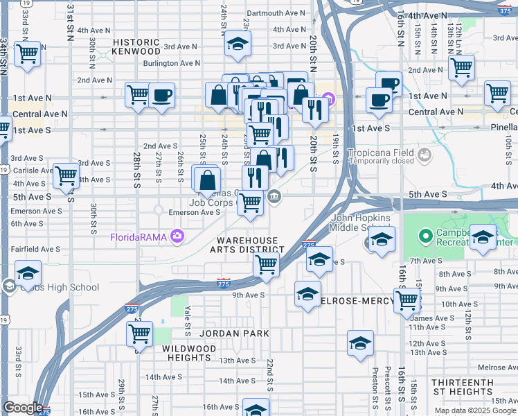 map of restaurants, bars, coffee shops, grocery stores, and more near 2232 5th Ave S in St Petersburg