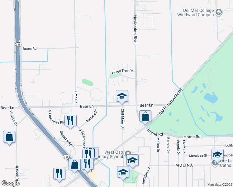 map of restaurants, bars, coffee shops, grocery stores, and more near 1133 Green Earth Drive in Corpus Christi