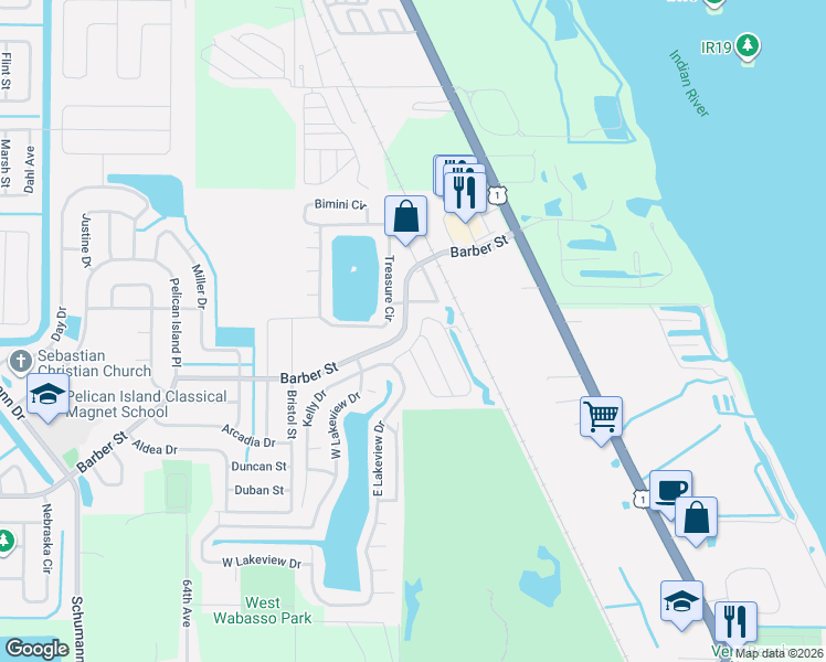 map of restaurants, bars, coffee shops, grocery stores, and more near 76 Treasure Circle in Sebastian