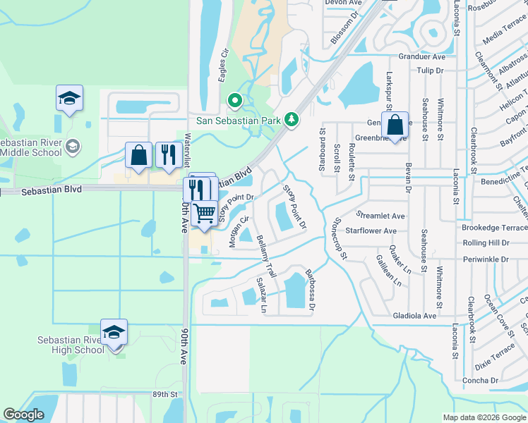 map of restaurants, bars, coffee shops, grocery stores, and more near 116 Drake Way in Sebastian