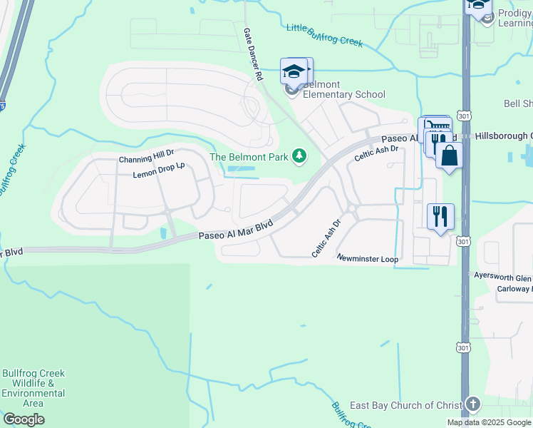 map of restaurants, bars, coffee shops, grocery stores, and more near 9916 Victory Gallop Loop in Ruskin