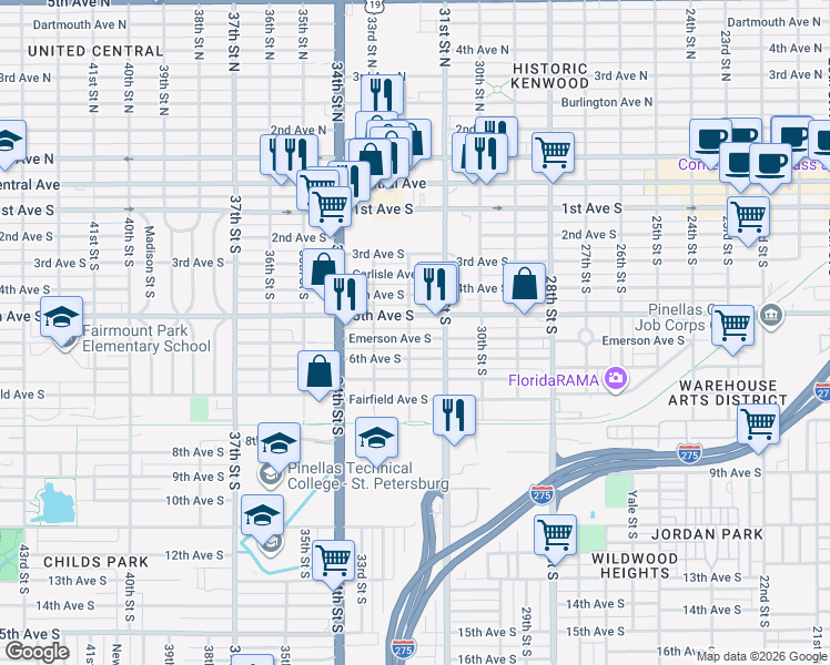 map of restaurants, bars, coffee shops, grocery stores, and more near 3211 5th Avenue South in St. Petersburg
