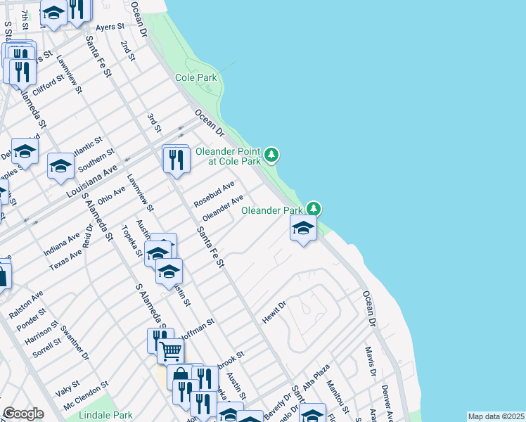 map of restaurants, bars, coffee shops, grocery stores, and more near 2930 Denver Avenue in Corpus Christi