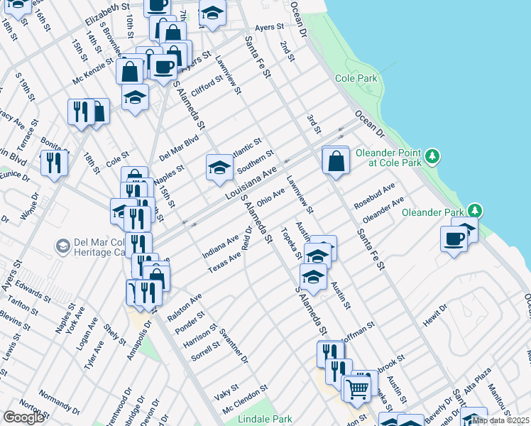 map of restaurants, bars, coffee shops, grocery stores, and more near 437 Ohio Avenue in Corpus Christi