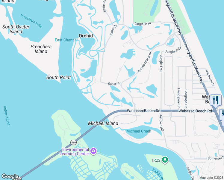 map of restaurants, bars, coffee shops, grocery stores, and more near 800 Pembroke Court in Vero Beach