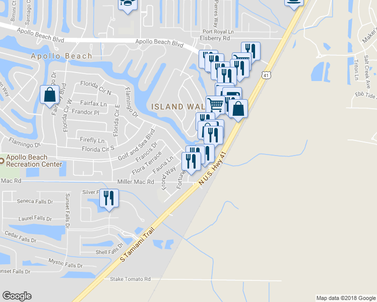 map of restaurants, bars, coffee shops, grocery stores, and more near 219 Flamingo Drive in Apollo Beach