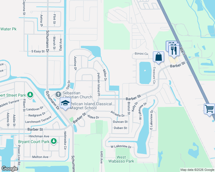 map of restaurants, bars, coffee shops, grocery stores, and more near 125 Miller Drive in Sebastian