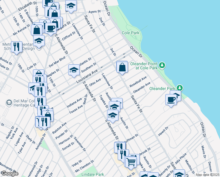 map of restaurants, bars, coffee shops, grocery stores, and more near 2803 Lawnview Street in Corpus Christi