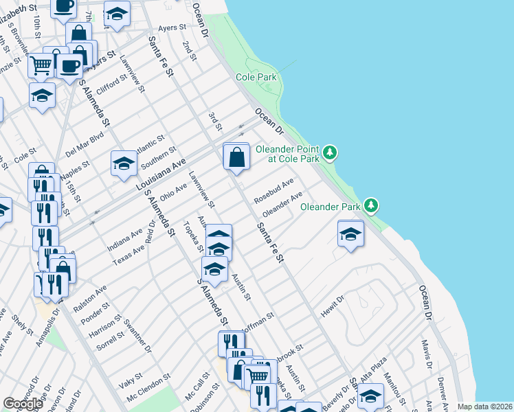 map of restaurants, bars, coffee shops, grocery stores, and more near 253 Rosebud Avenue in Corpus Christi