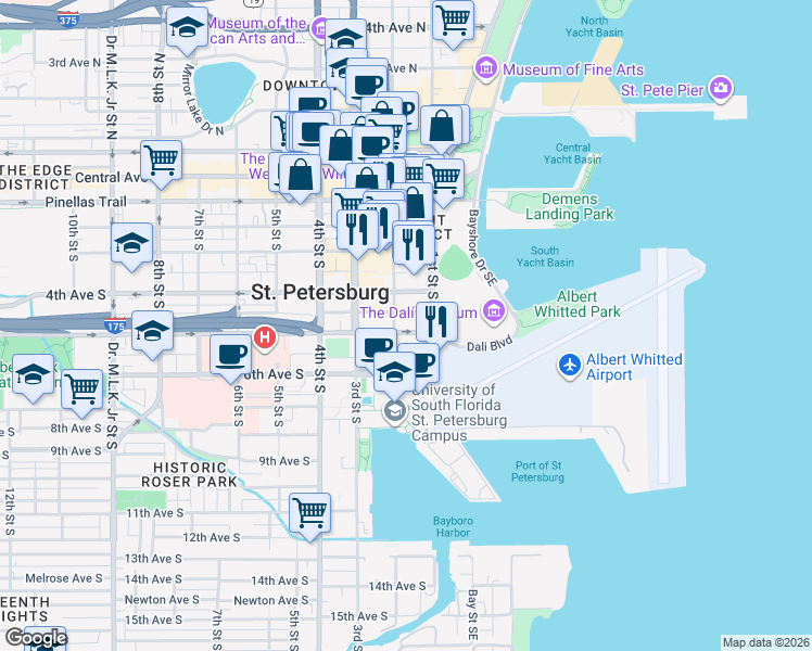 map of restaurants, bars, coffee shops, grocery stores, and more near 144 Delmar Terrace South in St. Petersburg