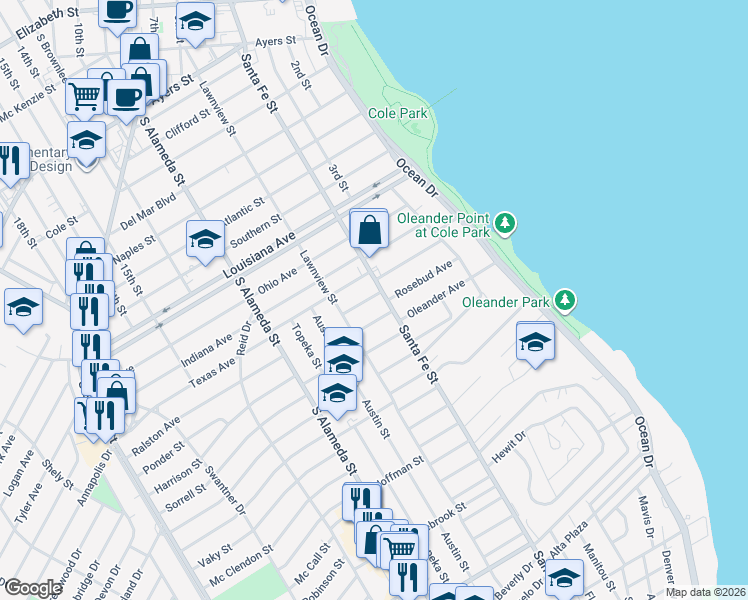 map of restaurants, bars, coffee shops, grocery stores, and more near 253 Leming Avenue in Corpus Christi