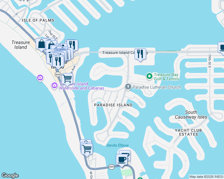map of restaurants, bars, coffee shops, grocery stores, and more near 10240 Tarpon Drive in Treasure Island