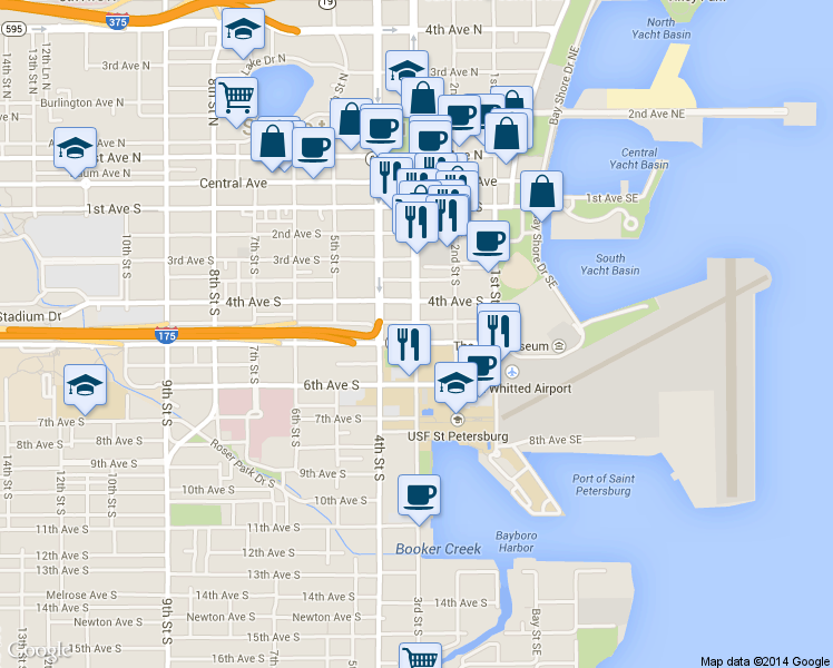 map of restaurants, bars, coffee shops, grocery stores, and more near 200 4th Avenue South in St. Petersburg
